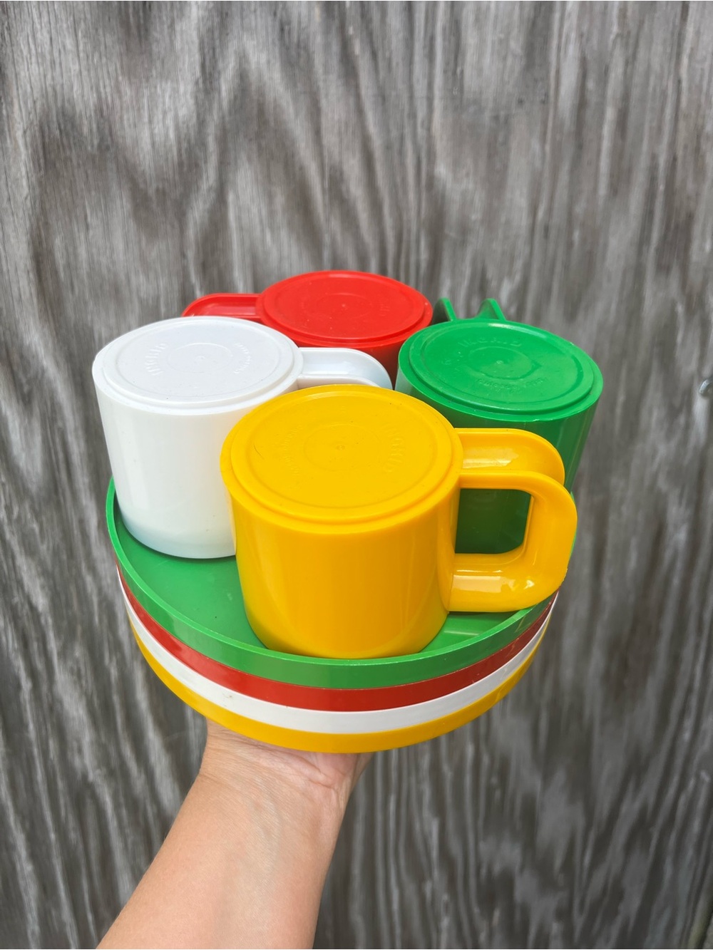 Vintage Ingrid Stackable mugs and Plates Set -Yellow, Green, Red, White set of 4